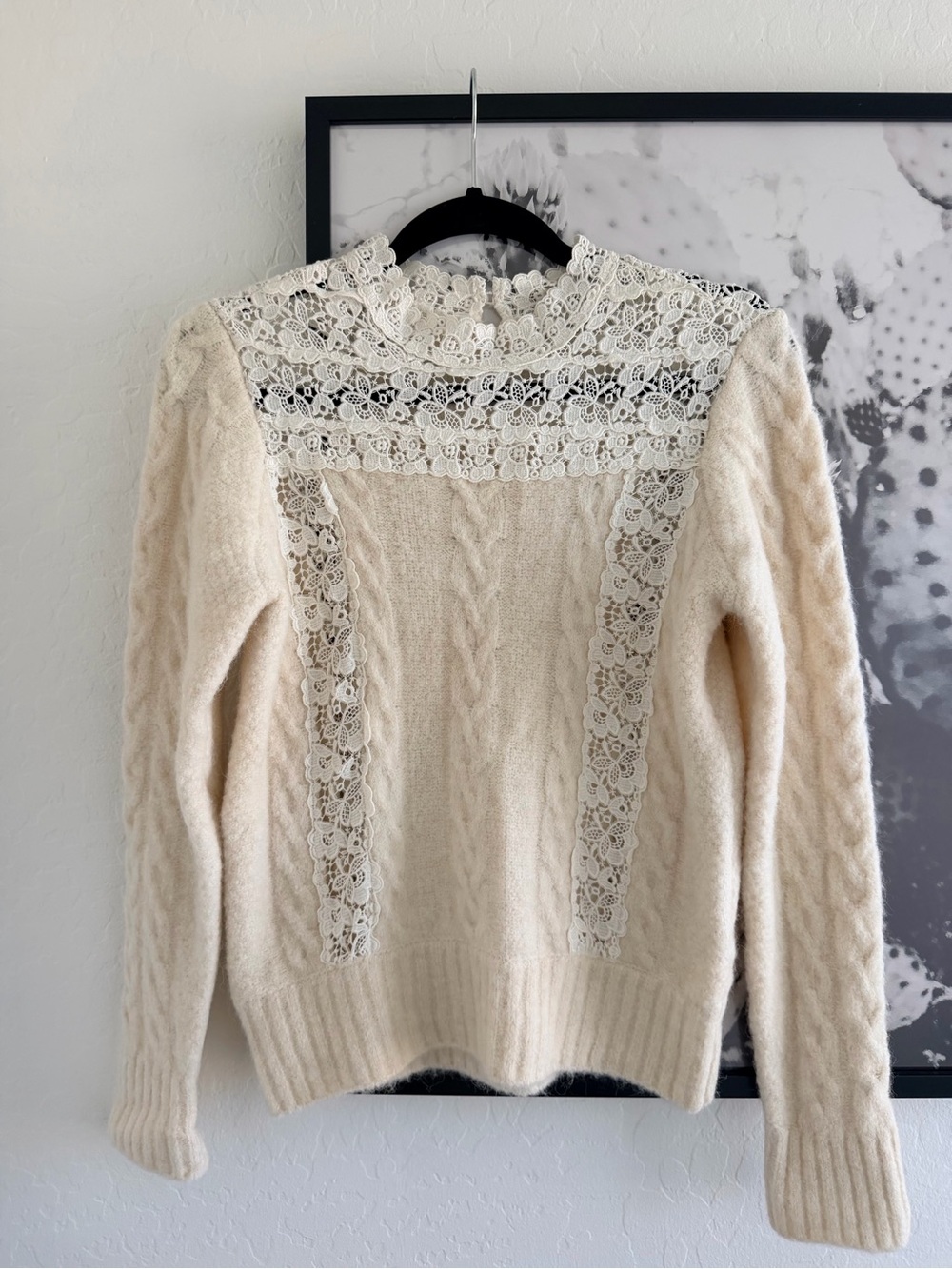 Sea New York Cream Wool Blend Cable Knit Lace High-Neck Sweater Small